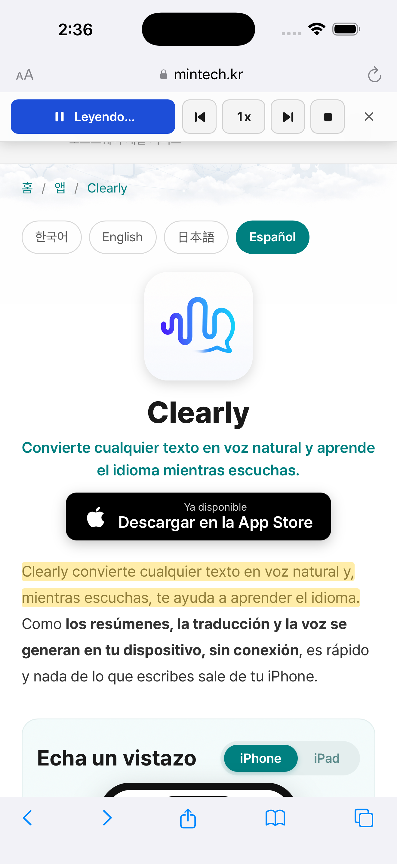Clearly — Leer páginas web en Safari (iPhone)